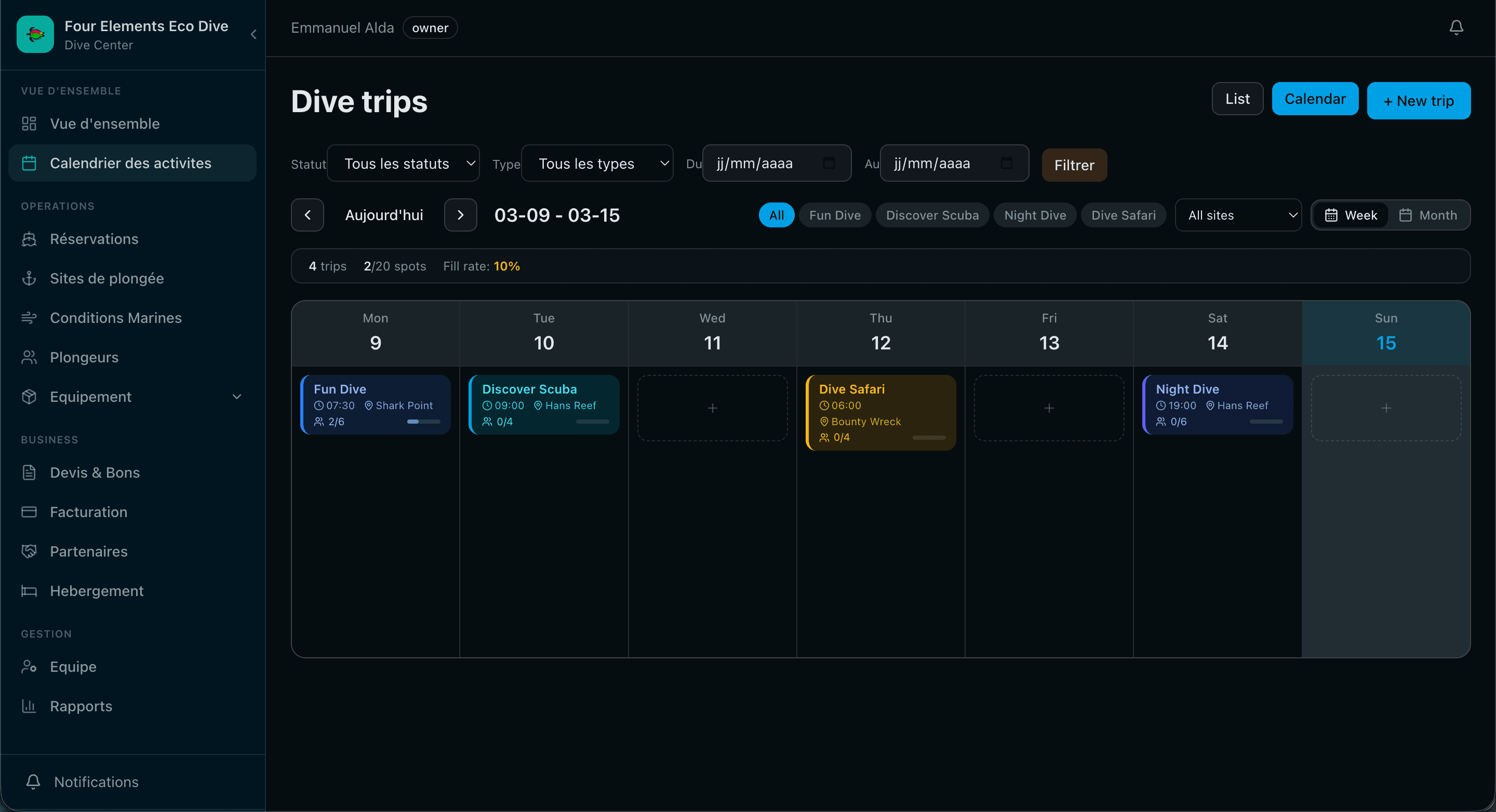 DivePlanner Pro dashboard — Activity calendar with scheduled dive trips